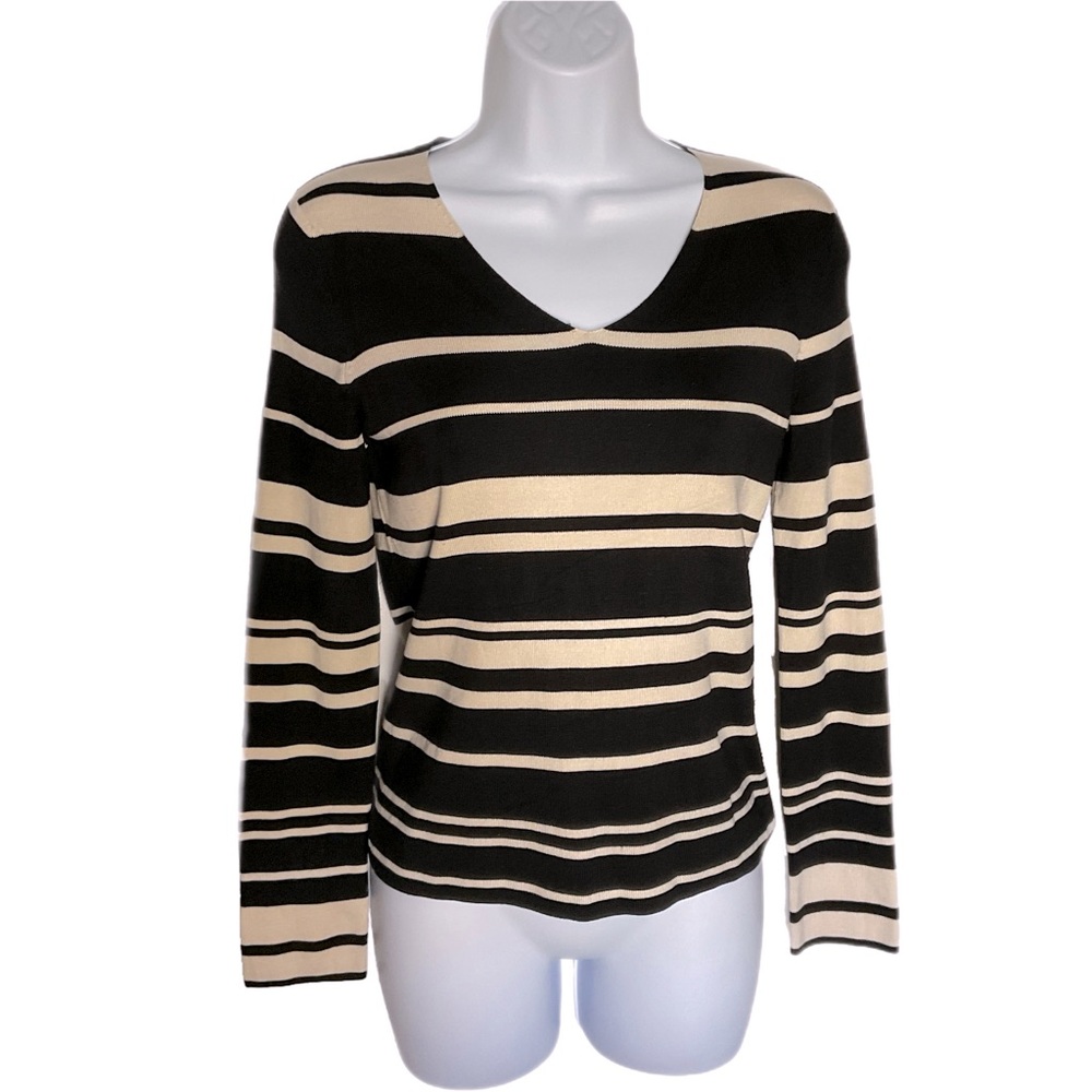 REAL CLOTHES 80% Silk Sz Petite  Black and Cream Striped V-Neck Pullover